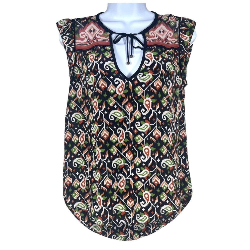 Veronica Beard Venice 100% Silk Top Womens 2 Black Paisley Tie Neck Boho Luxe